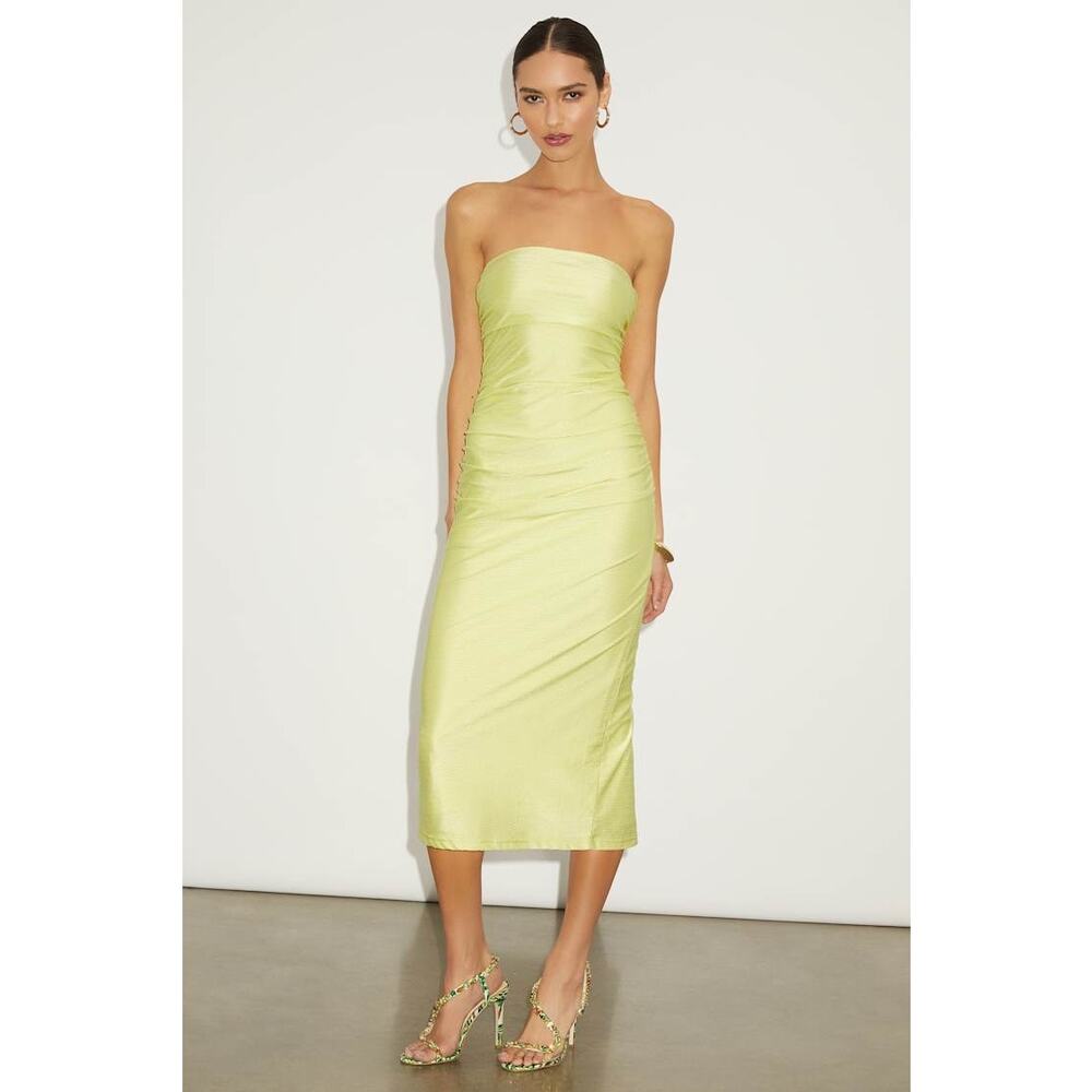 NWT Lulus Gorgeous Reputation Lime Green Strapless Ruched Midi Dress Party Sz M
